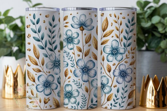 Blue Gold Watercolor Floral 20oz Tumbler Graphics