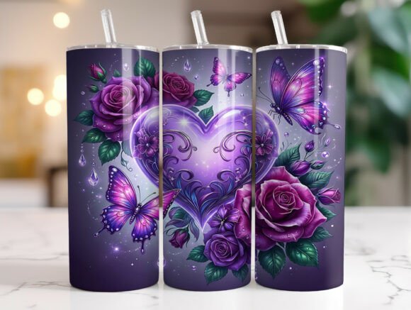 Purple Heart Floral Butterfly Tumbler Graphics