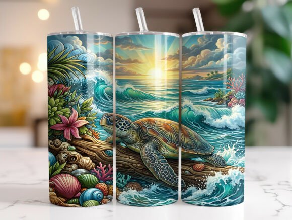 Tropical Ocean Turtle Sunset Tumbler Graphics